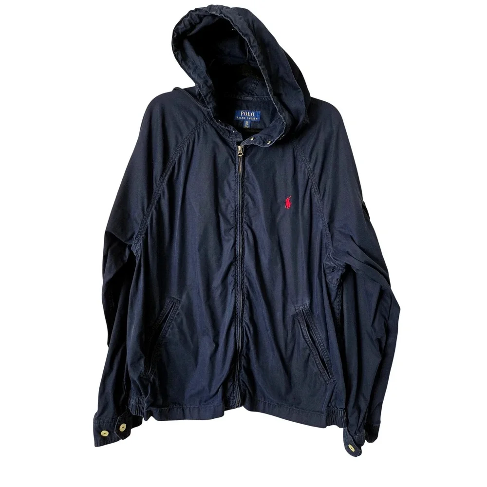 Polo Ralph Lauren Mens XXL Navy Blue Hooded Full Zip Jacket Pony Logo Cotton
